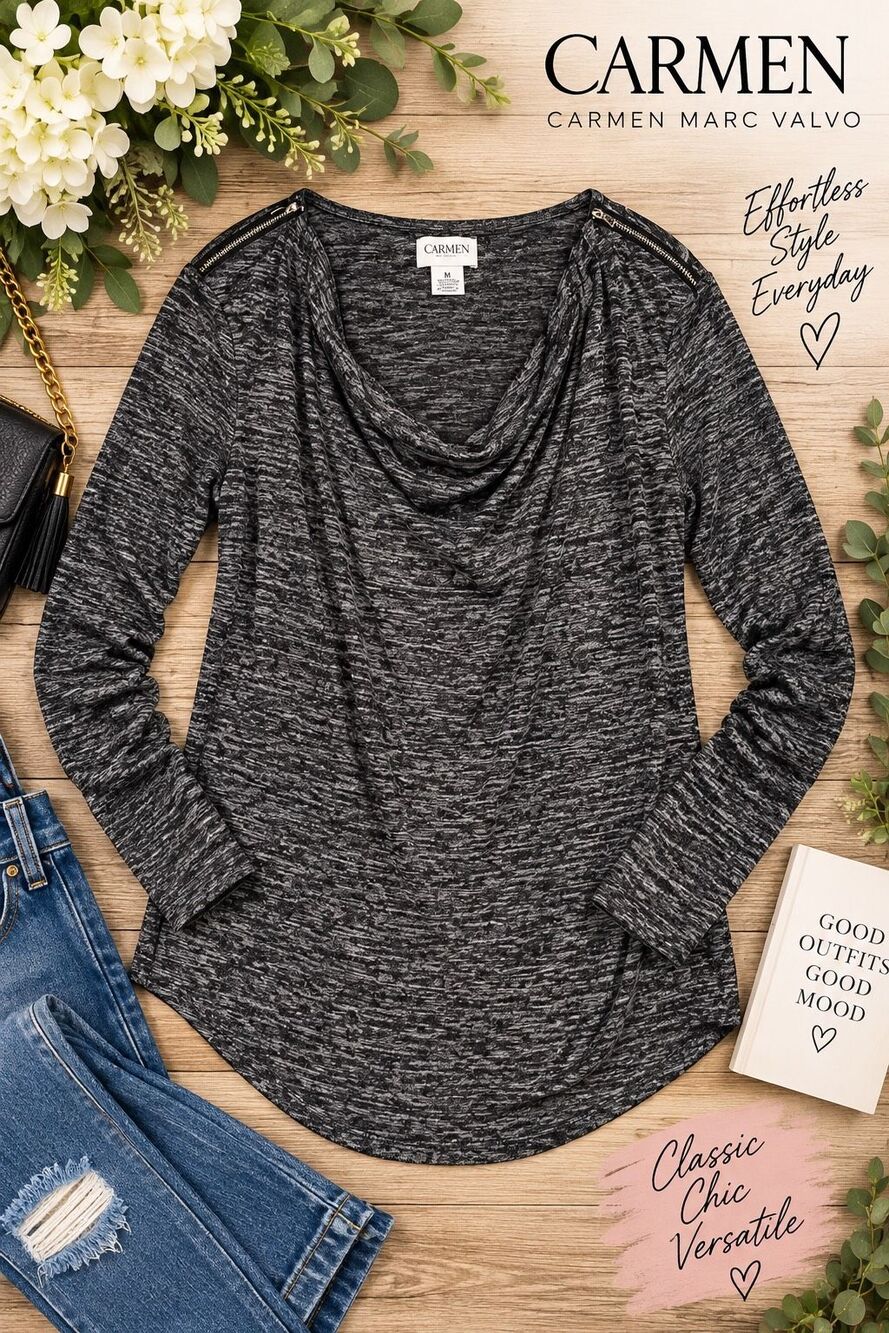 Carmen Marc Valvo Womens M Gray Cowl Neck Top Shoulder Zip Long Sleeve Knit
